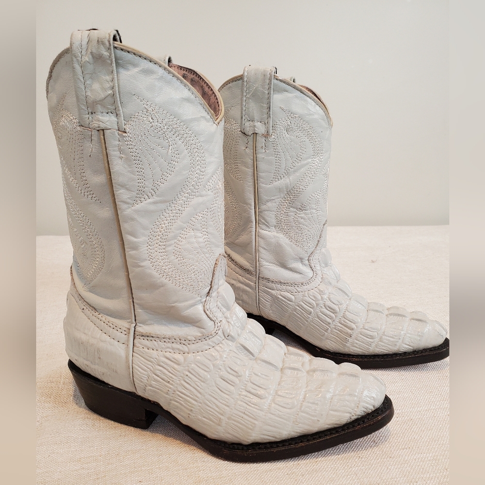 VGC Bonanza Hueso Crocodile White Leather Cowboy Boots Little Kid's Size US 10.5